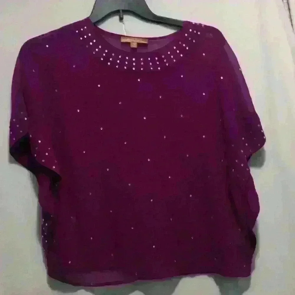 Womens Ellen Tracy M Purple Sheer y2k rhinestone tunic blouse witchy Whimsygoth